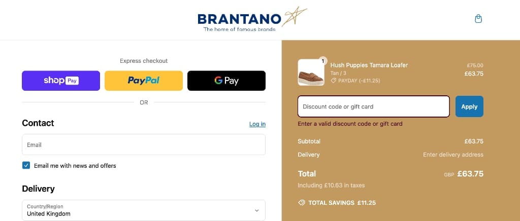 Screenshot of the Brantano discount code working