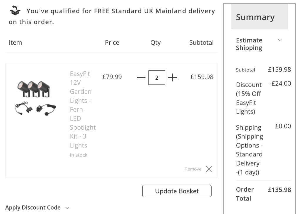 Screenshot of the Lighting Direct discount code working