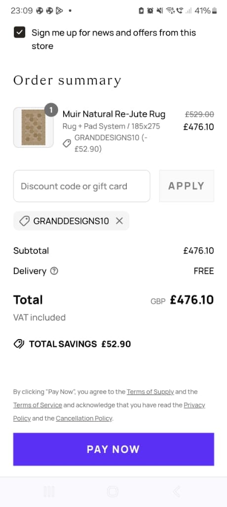 Screenshot of the Ruggable discount code working