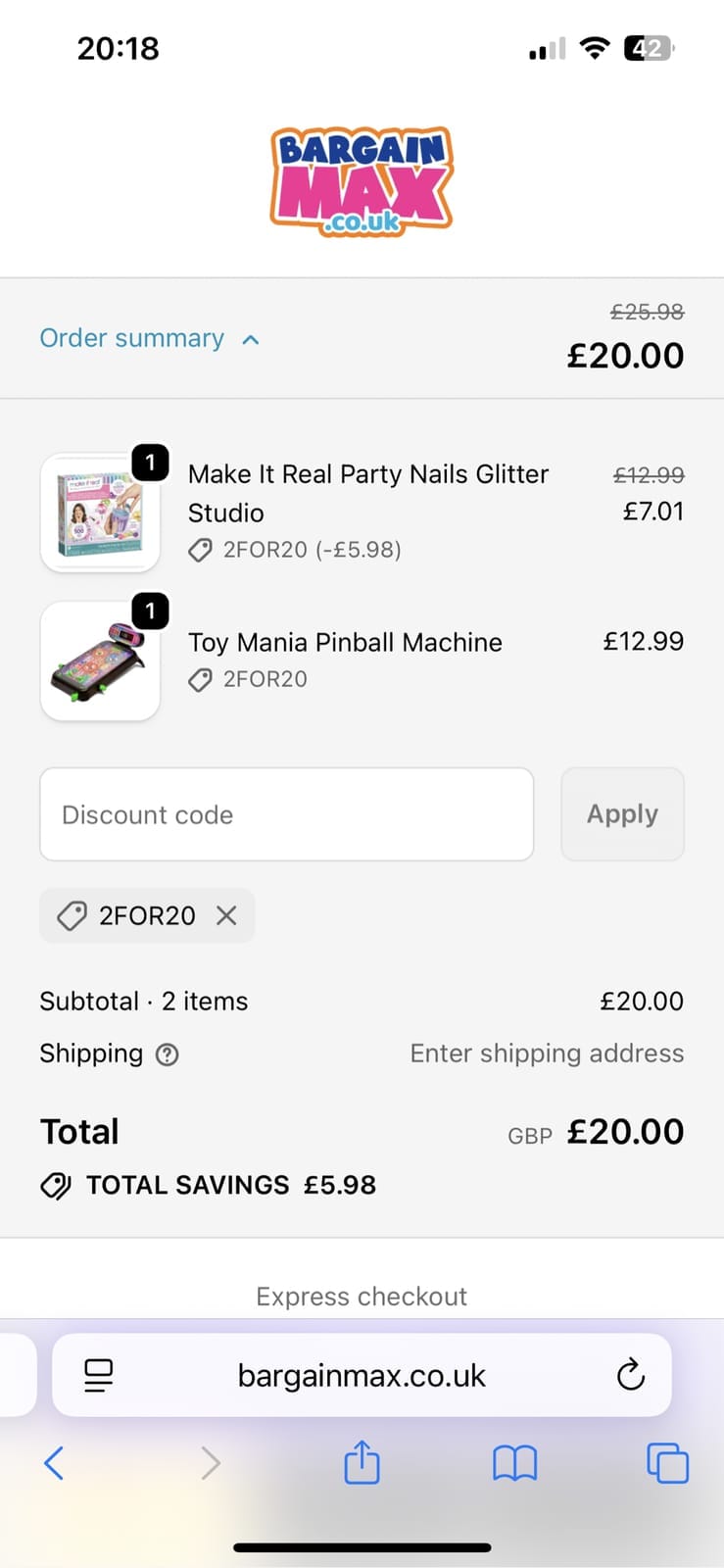 Screenshot of the BargainMax discount code working