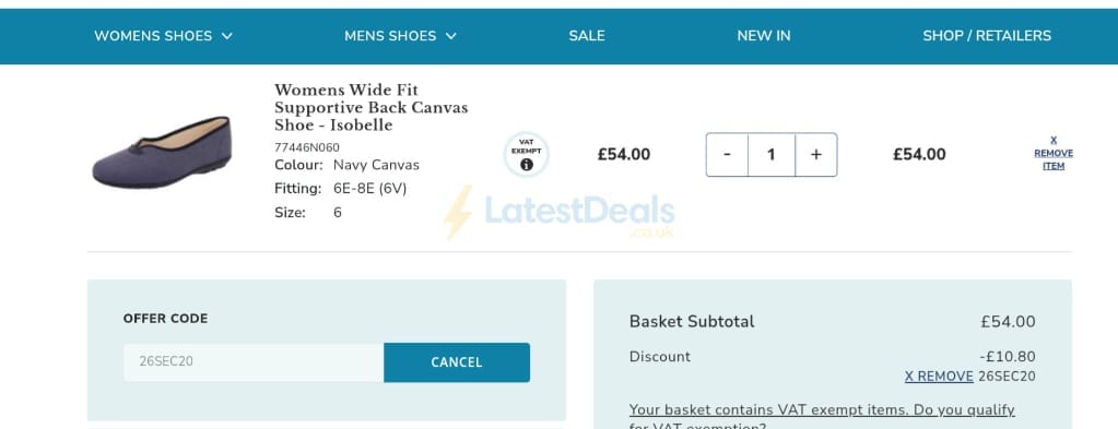 Screenshot of the Wider Fit Shoes discount code working