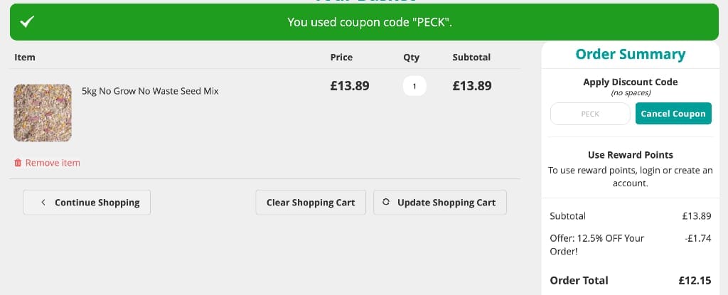 Screenshot of the Love Garden Birds discount code working