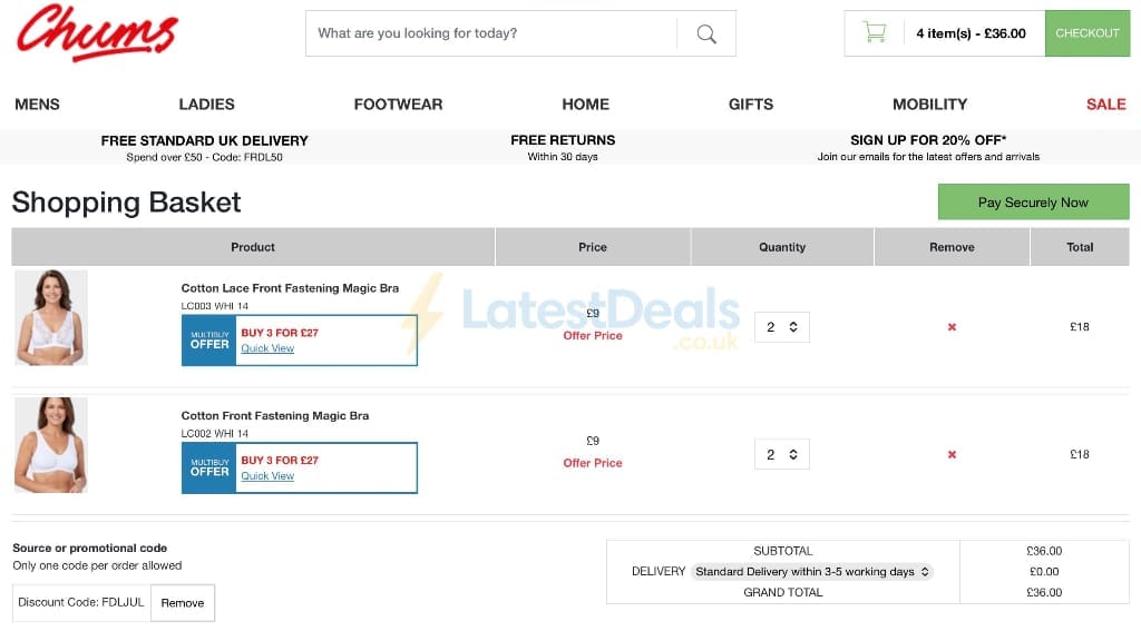 Screenshot of the Chums discount code working