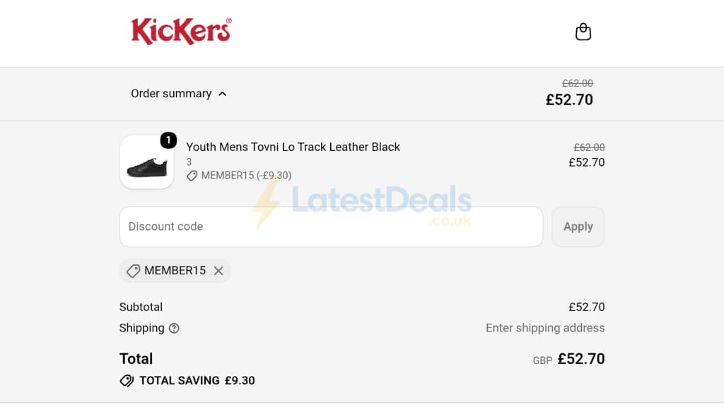 Screenshot of the Kickers discount code working
