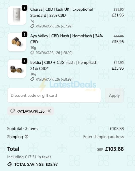 Screenshot of the HempHash discount code working