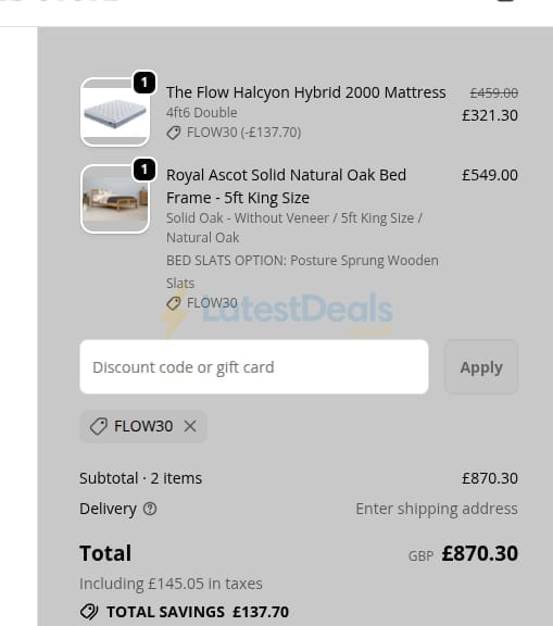 Screenshot of the The Oak Bed Store discount code working
