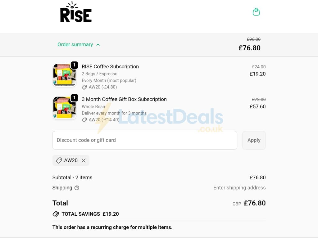 Screenshot of the RISE discount code working