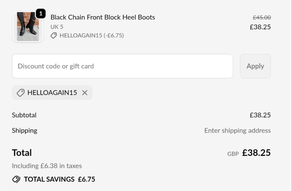 Screenshot of the Tilletts discount code working