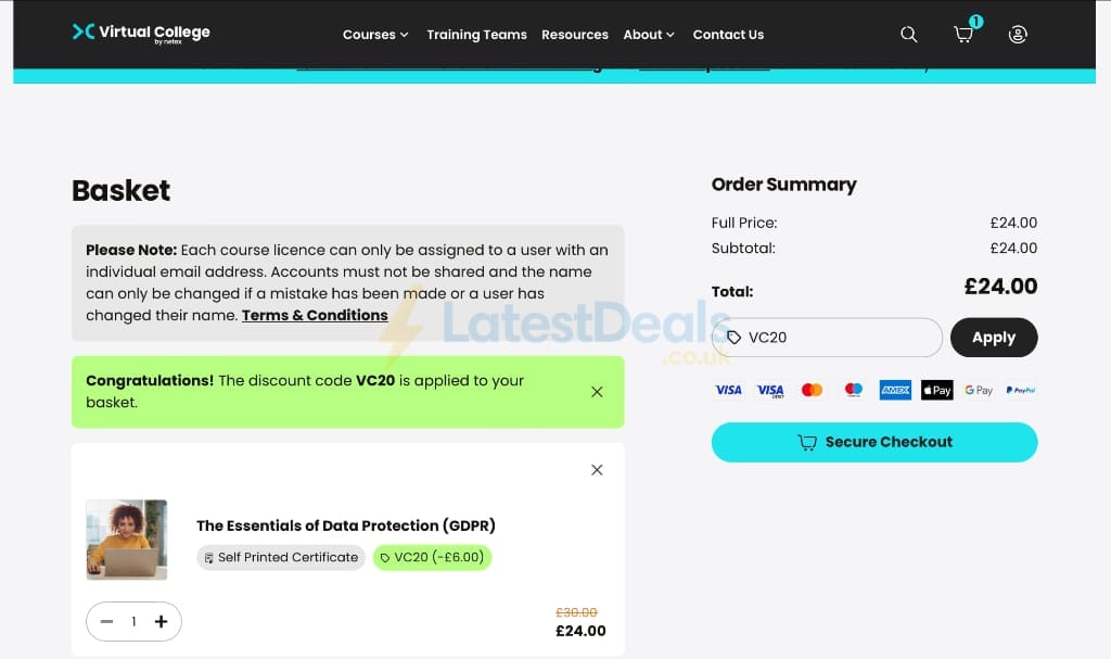 Screenshot of the Virtual College discount code working