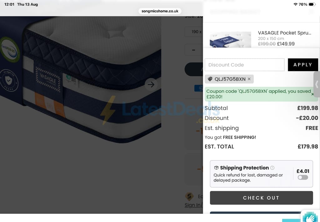 Screenshot of the Songmics discount code working