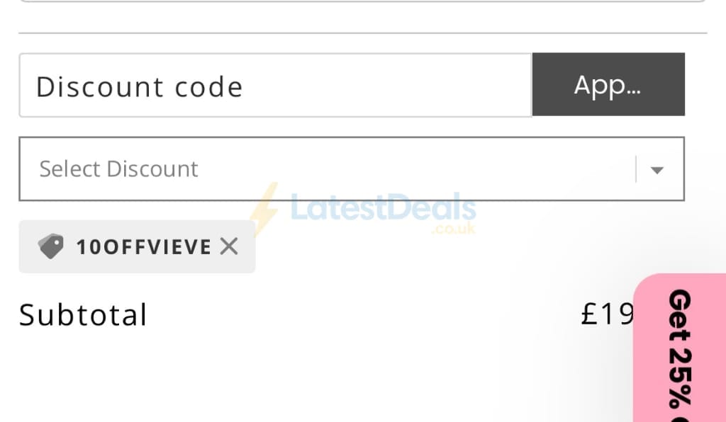 Screenshot of the Vieve discount code working