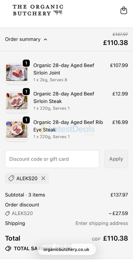 Screenshot of the The Organic Butchery discount code working