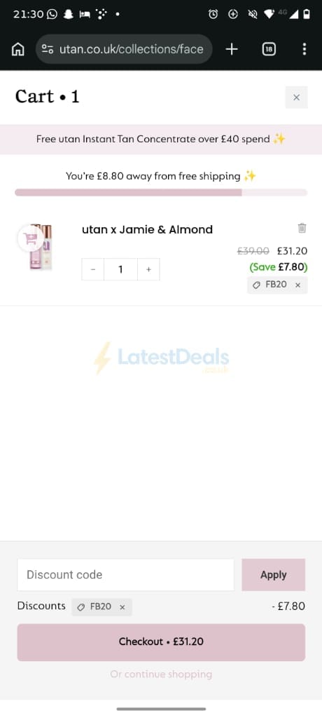 Screenshot of the Utan discount code working
