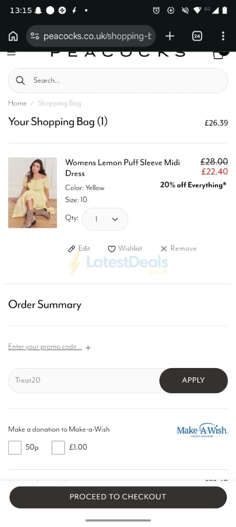 Screenshot of the Peacocks discount code working