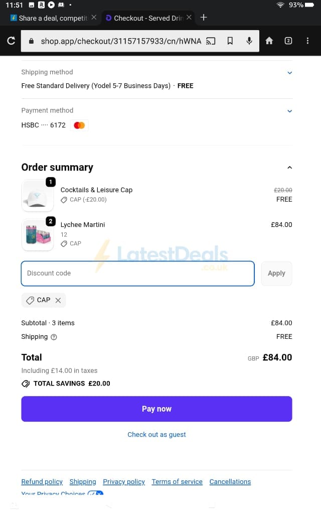 Screenshot of the Served Drinks discount code working