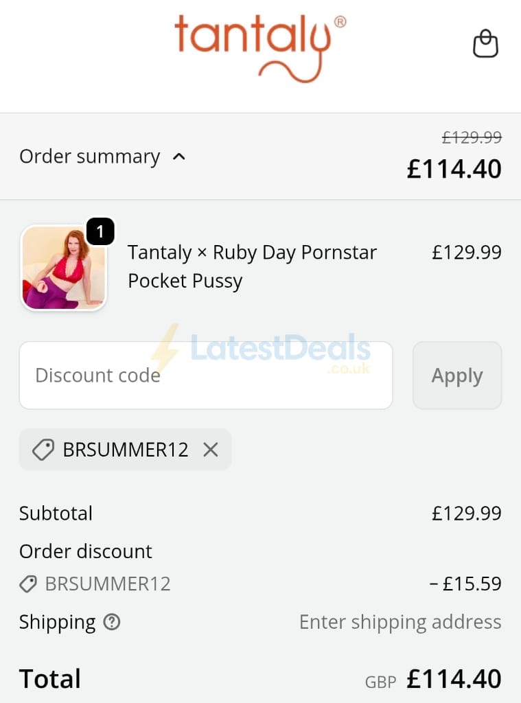 Screenshot of the Tantaly discount code working