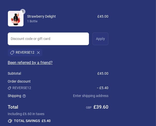 Screenshot of the Reverse Life discount code working