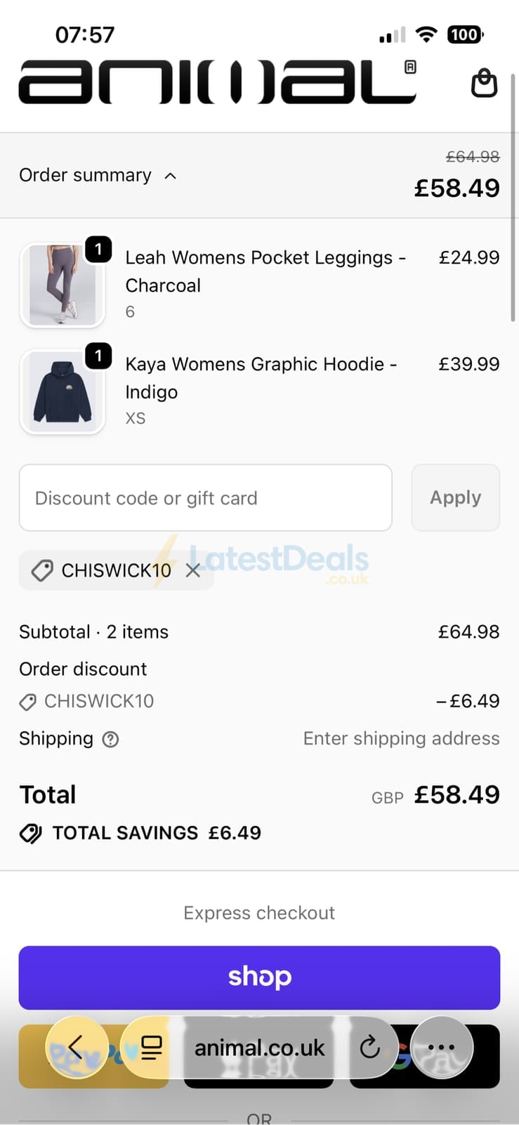 Screenshot of the Animal discount code working