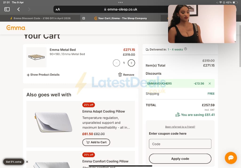Screenshot of the Emma discount code working
