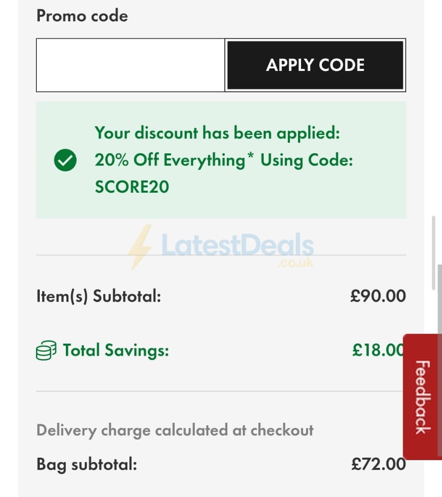 Screenshot of the Matalan discount code working