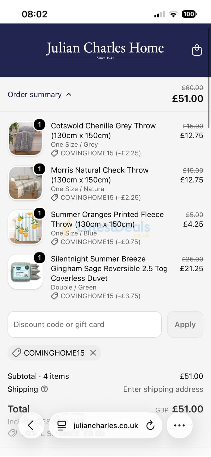 Screenshot of the Julian Charles discount code working
