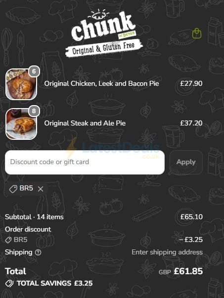 Screenshot of the Chunk Pies & Pasties of Devon discount code working