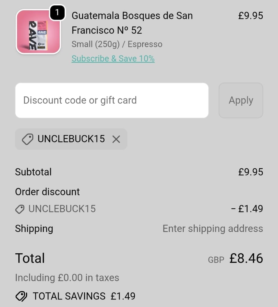 Screenshot of the Ravecoffee discount code working
