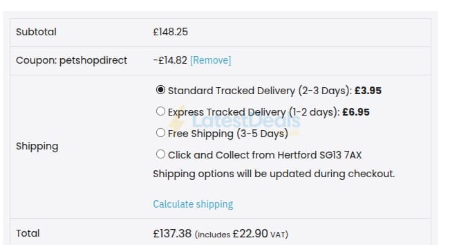Screenshot of the Pet Shop Direct discount code working