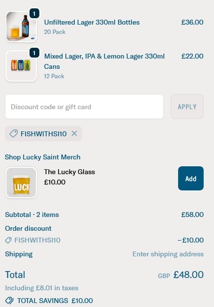 Screenshot of the Lucky Saint discount code working
