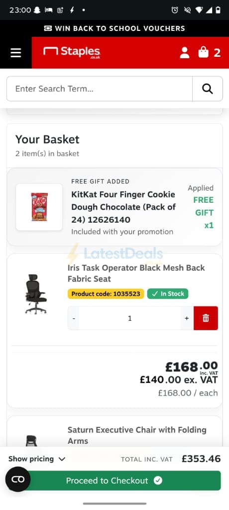 Screenshot of the Staples discount code working