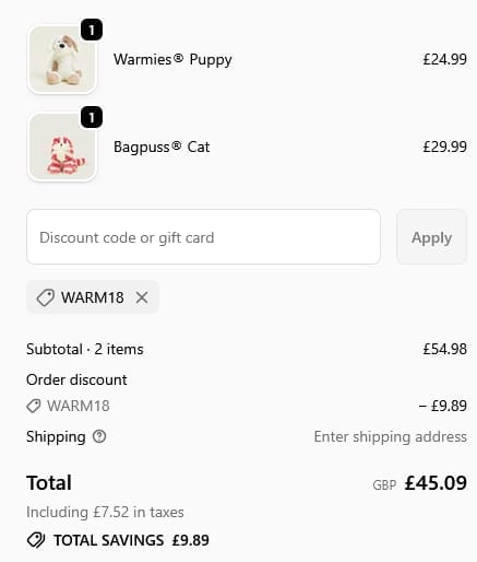 Screenshot of the Warmies discount code working