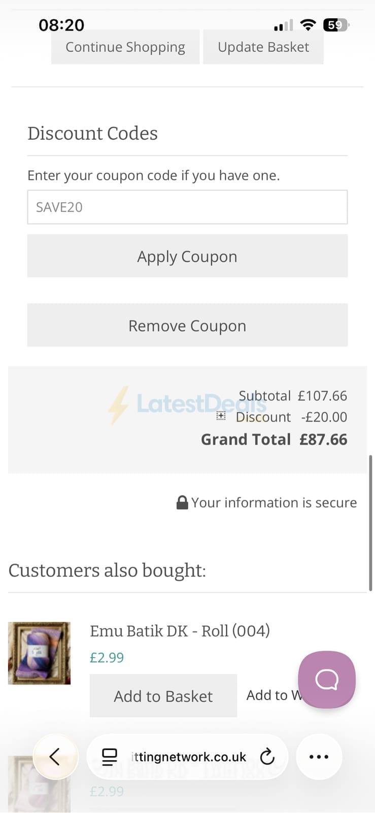 Screenshot of the The Knitting Network discount code working