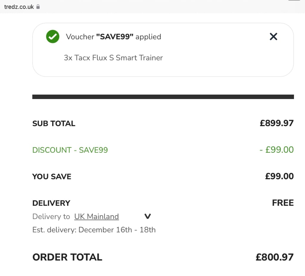 Screenshot of the Tredz Limited discount code working