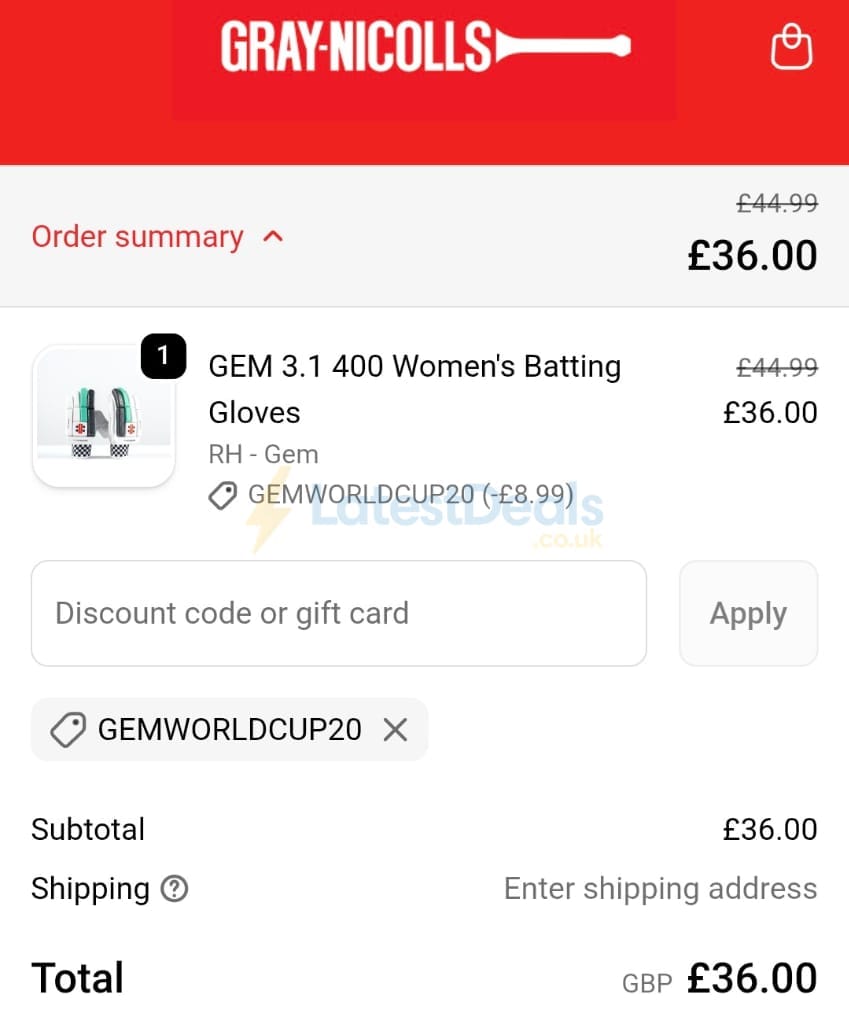 Screenshot of the Gray-Nicolls discount code working