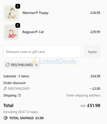 Screenshot of the Warmies discount code working