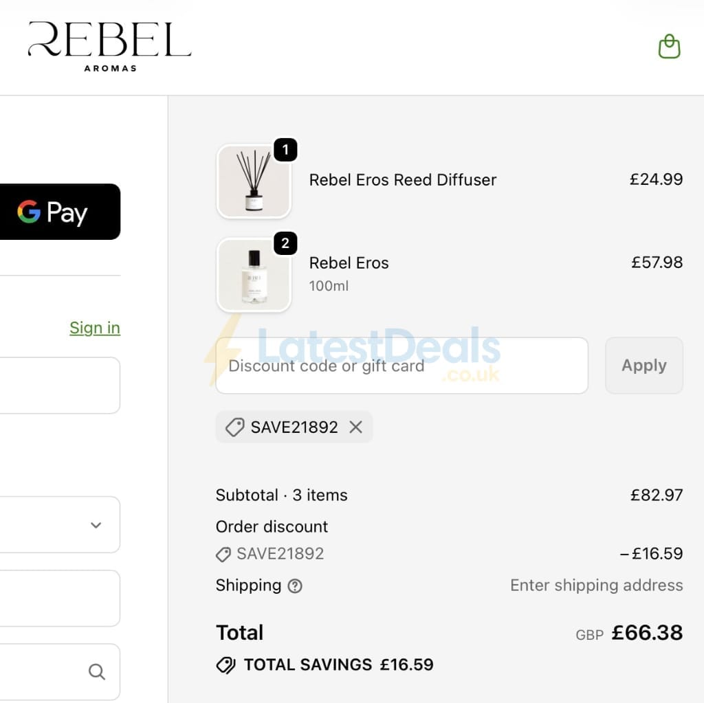 Screenshot of the Rebel Aromas discount code working