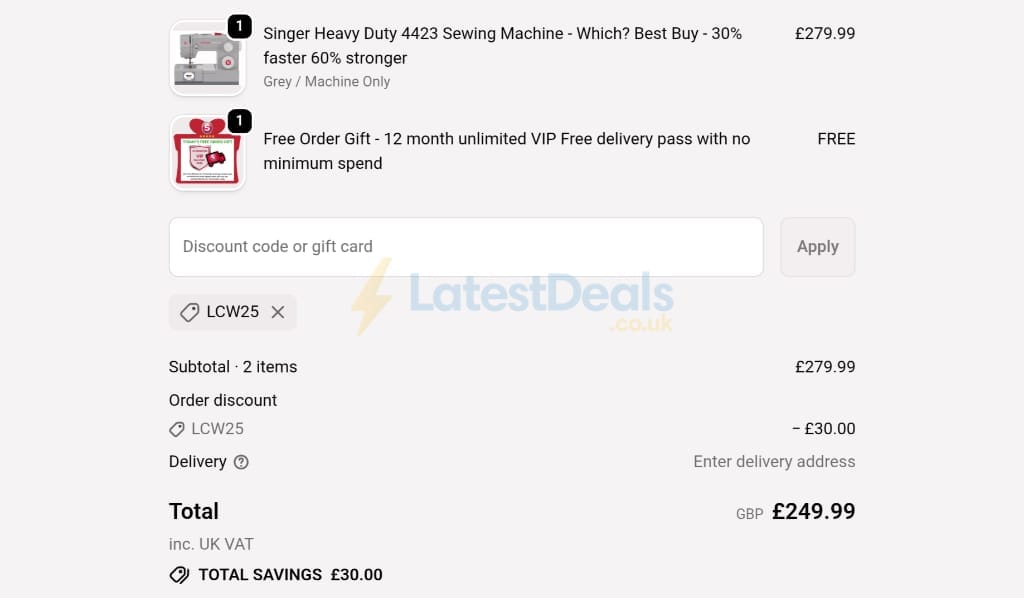 Screenshot of the Singer Sewing Outlet discount code working