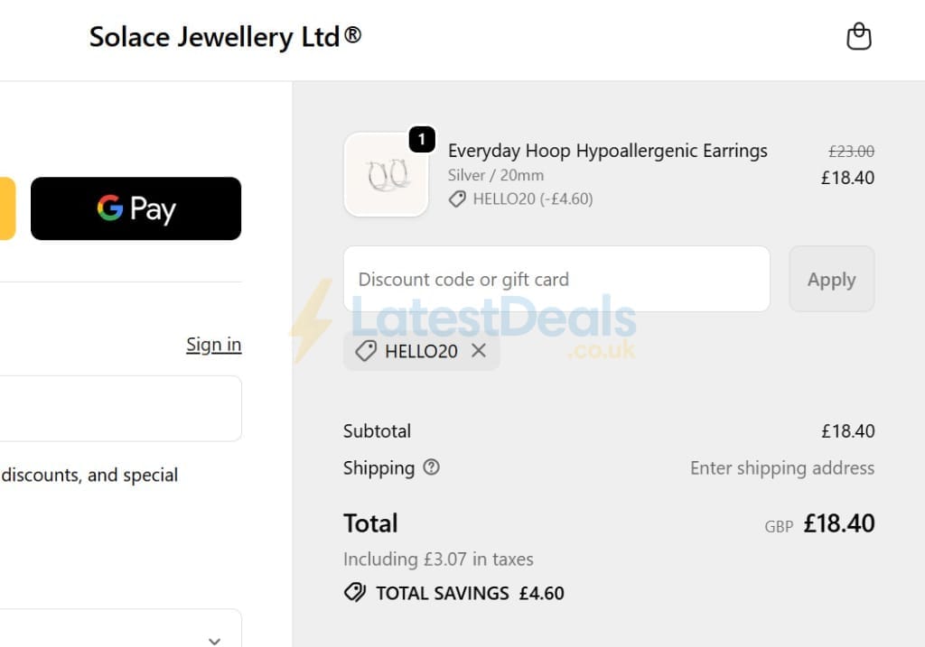 Screenshot of the Solace Jewellery discount code working
