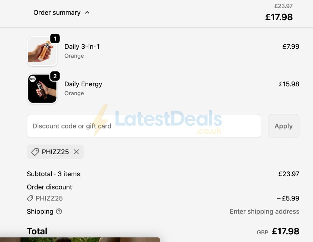 Screenshot of the Phizz discount code working