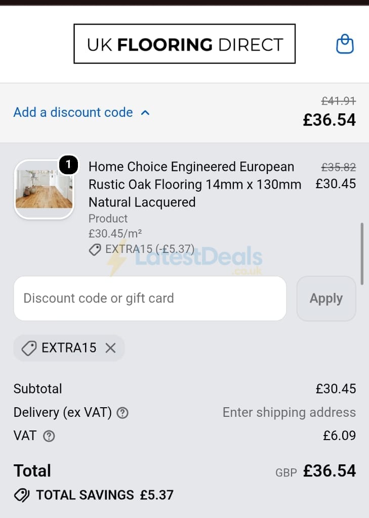 Screenshot of the UK Flooring Direct discount code working