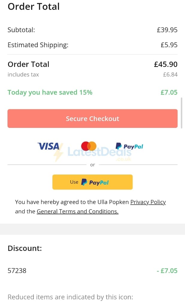 Screenshot of the Ulla Popken discount code working