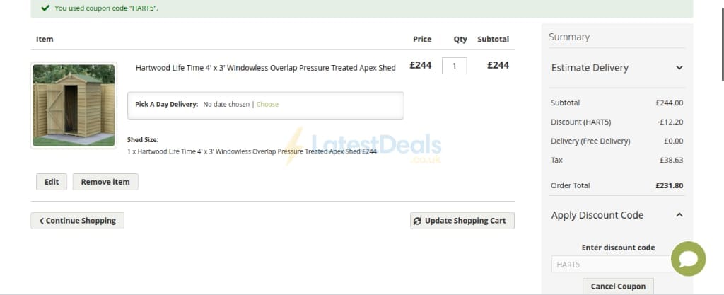 Screenshot of the Sheds discount code working
