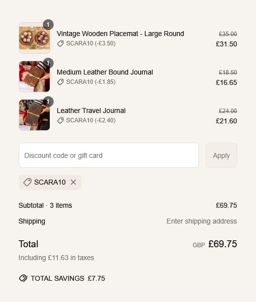 Screenshot of the Scaramanga discount code working