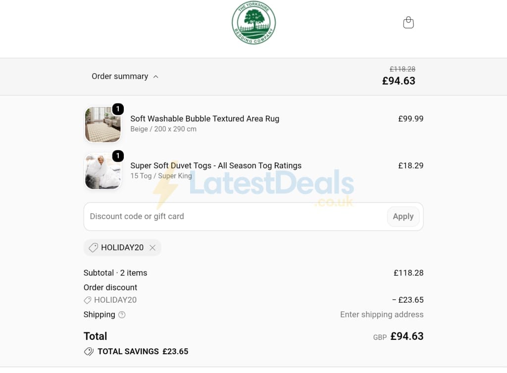 Screenshot of the Yorkshire Bedding discount code working
