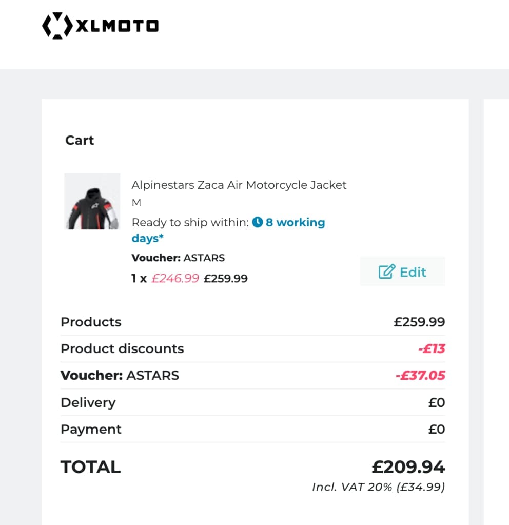 Screenshot of the XLMoto discount code working