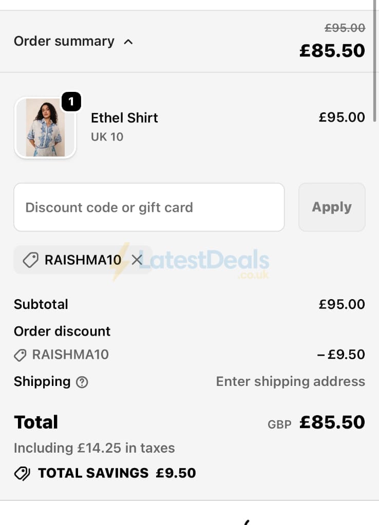 Screenshot of the Raishma discount code working