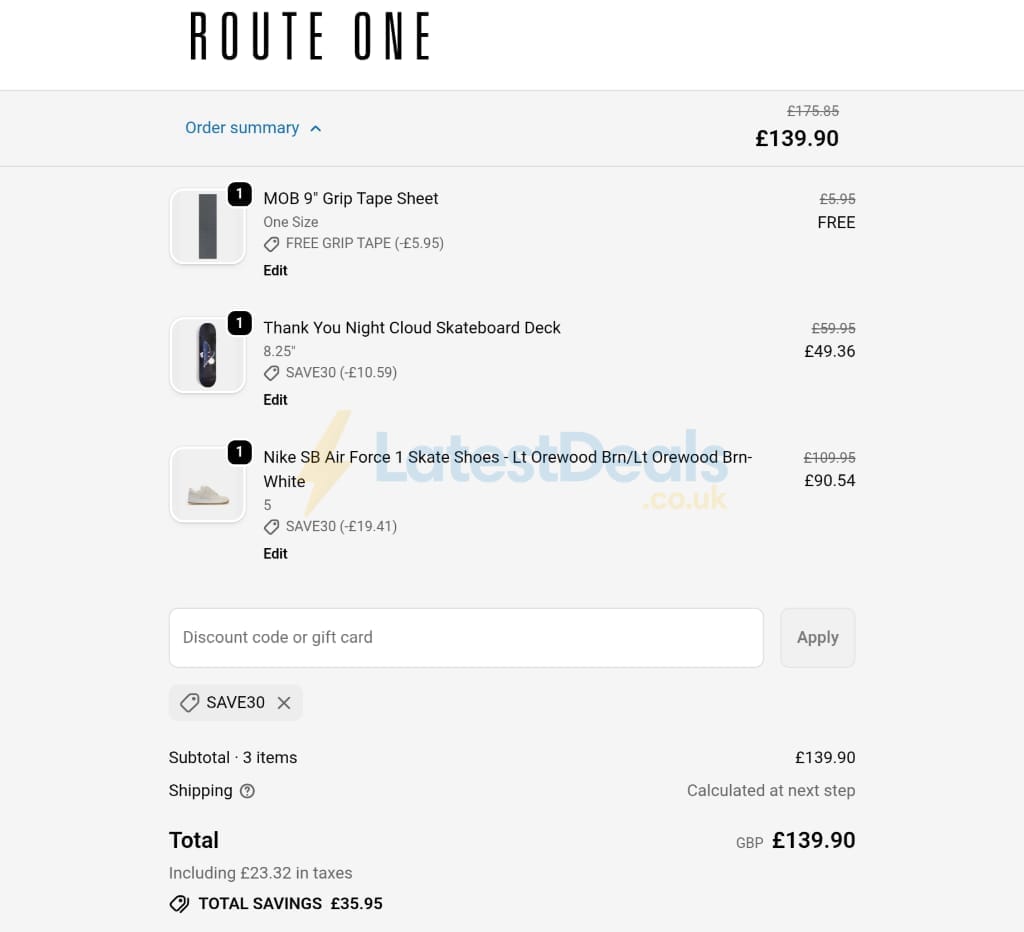 Screenshot of the Route One discount code working