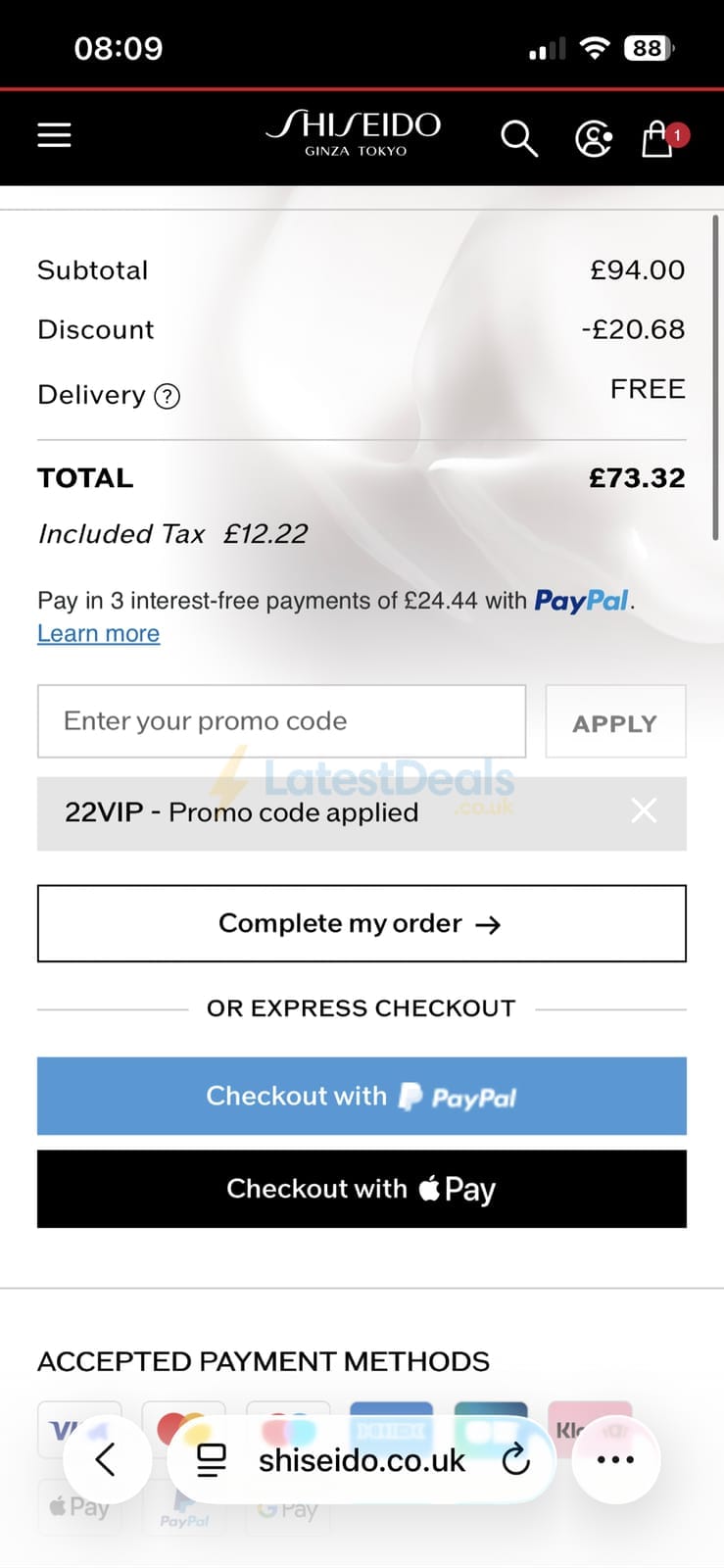 Screenshot of the Shiseido discount code working
