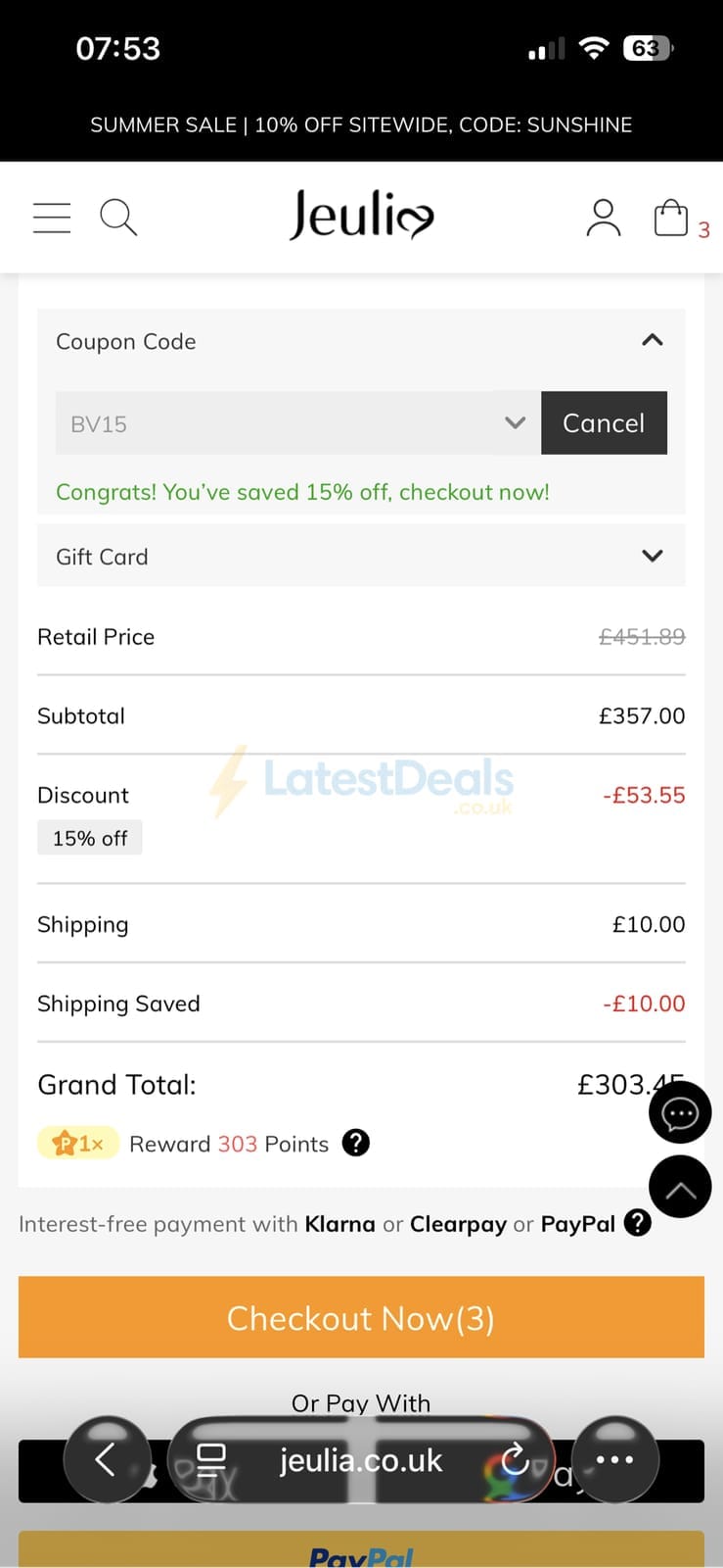 Screenshot of the Jeulia discount code working