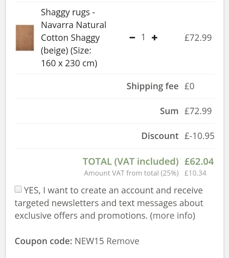 Screenshot of the Trendcarpet discount code working